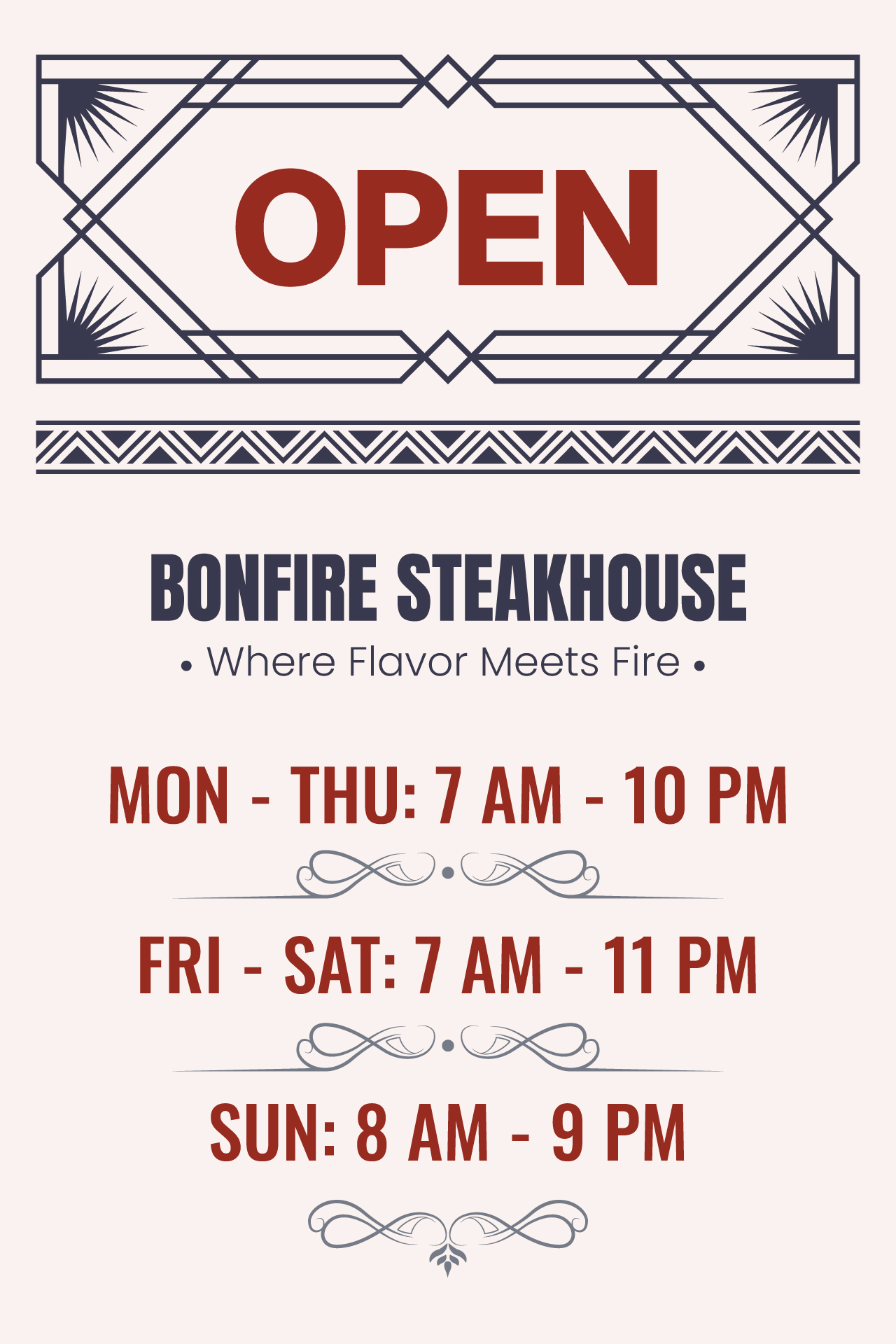 Steakhouse hours of operation sign template.