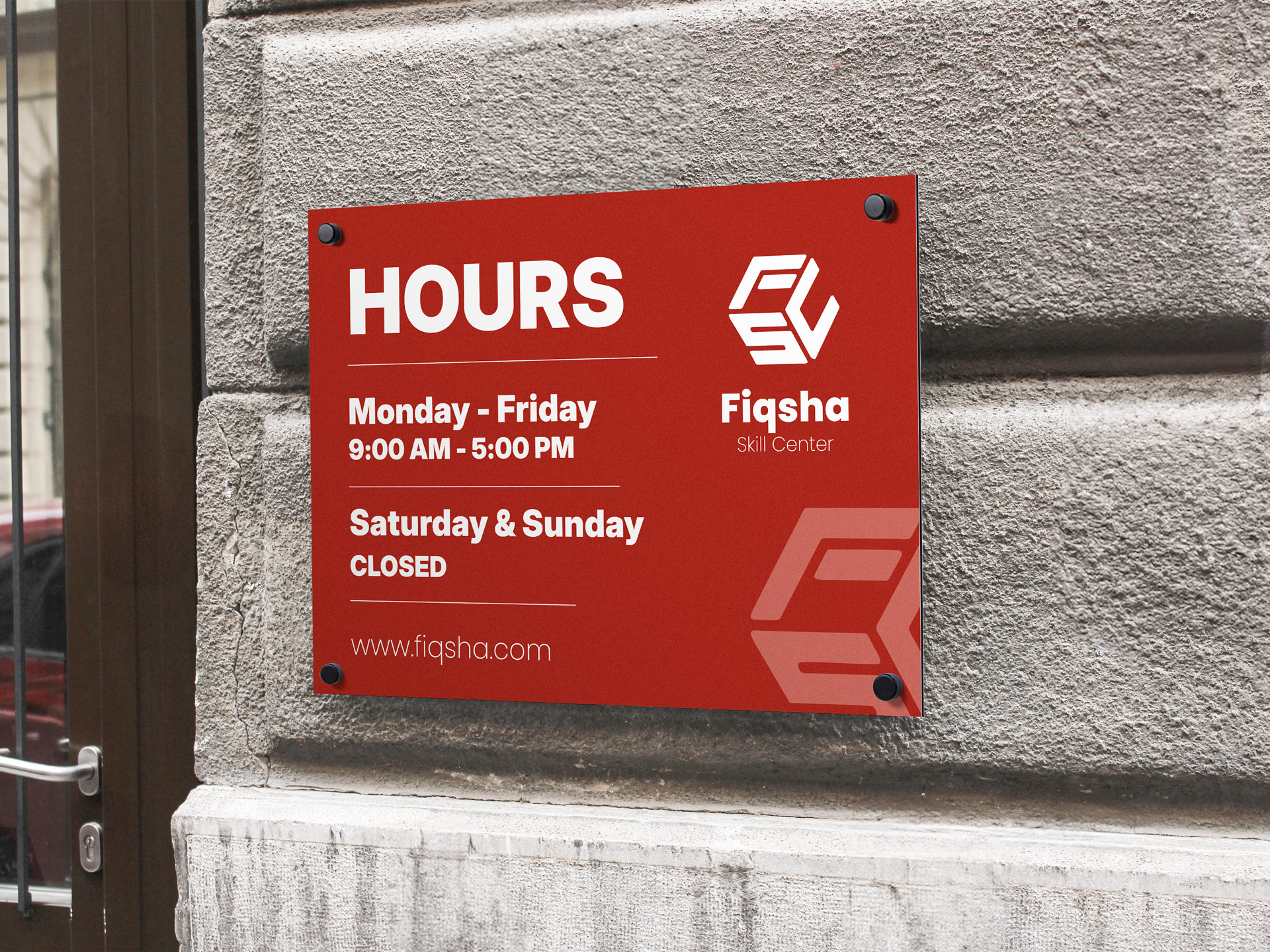 Office hours acrylic sign on exterior wall with logo.