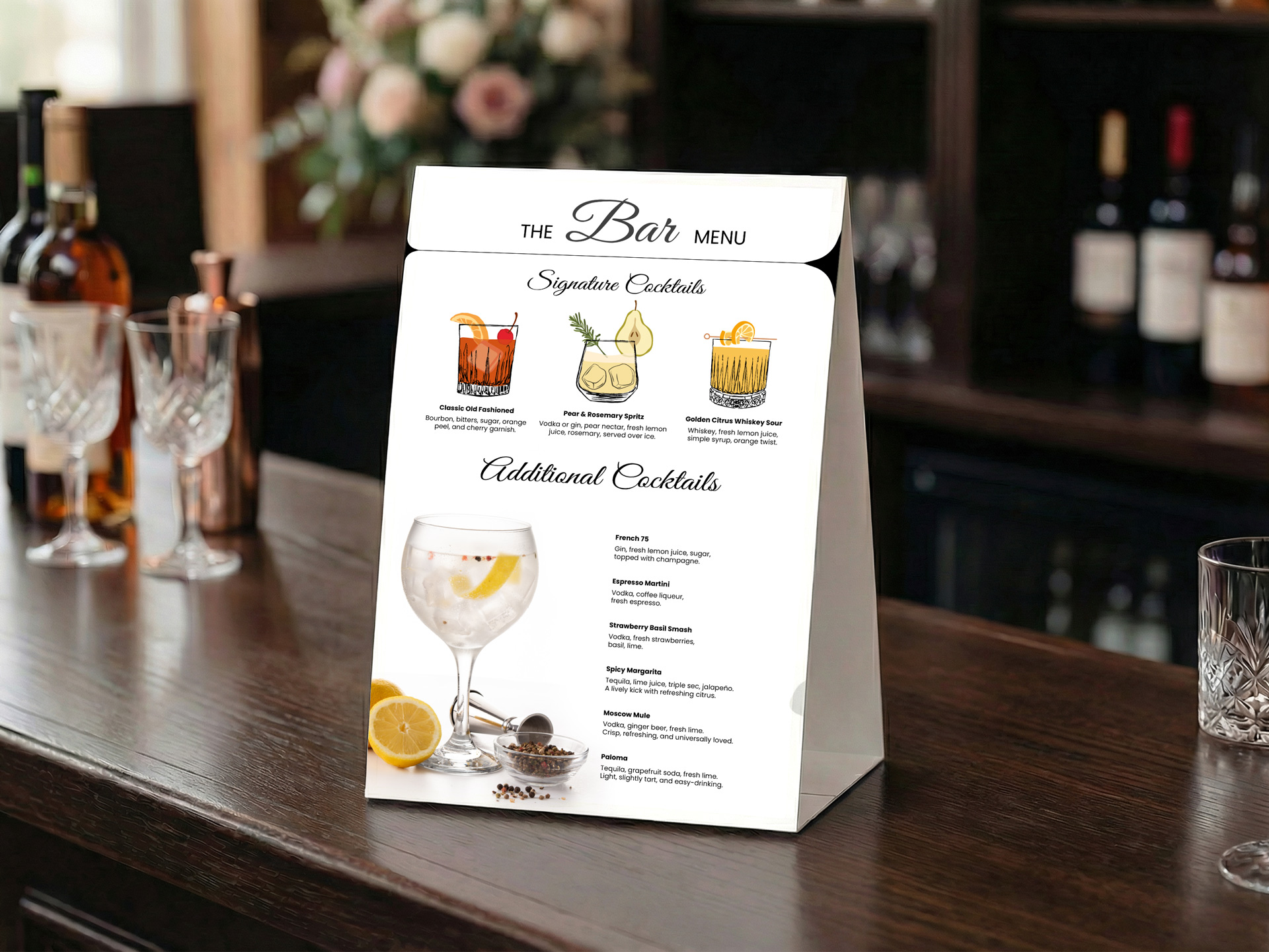 White bar menu wedding table tent