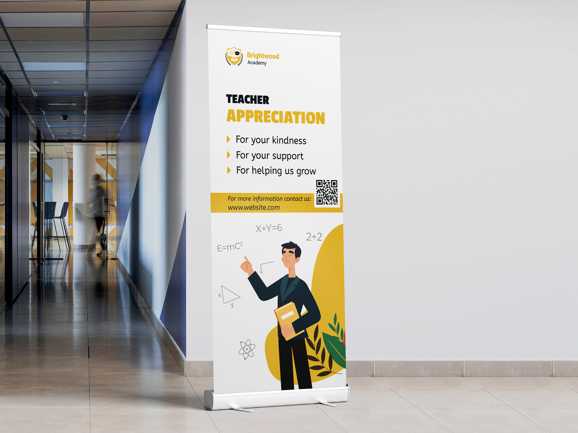 Teacher appreciation retractable banner installed in a hallway.