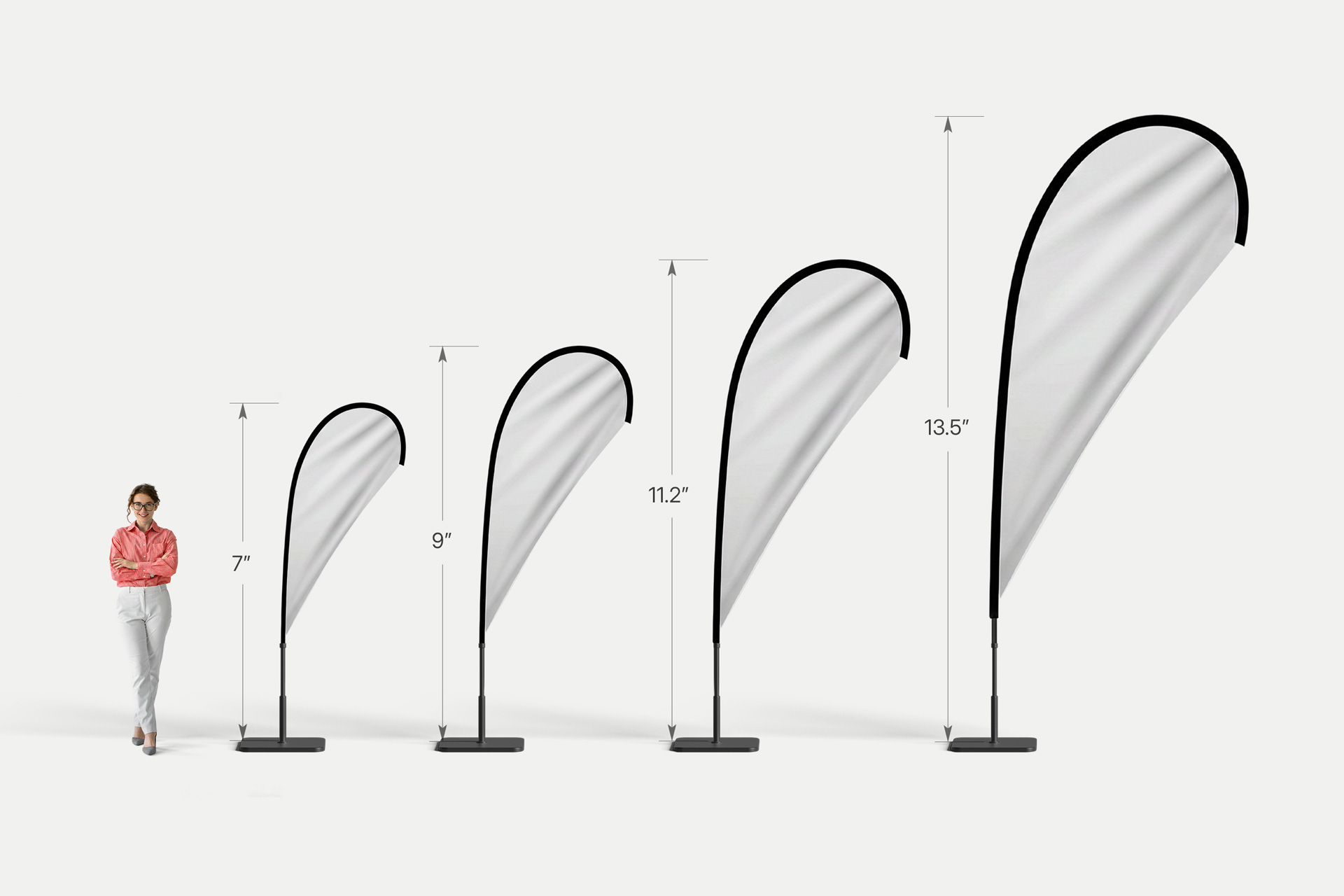 Different size options of customized teardrop flags.
