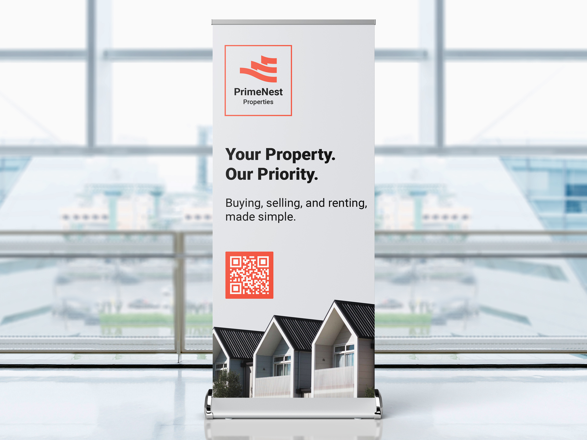 Roll up banner featuring a real estate company logo and QR code.