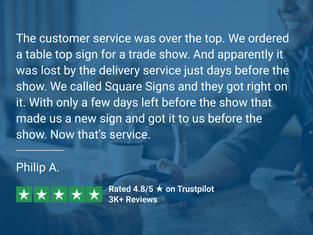 A five star Trustpilot review praising Square Signs trade show customer service.