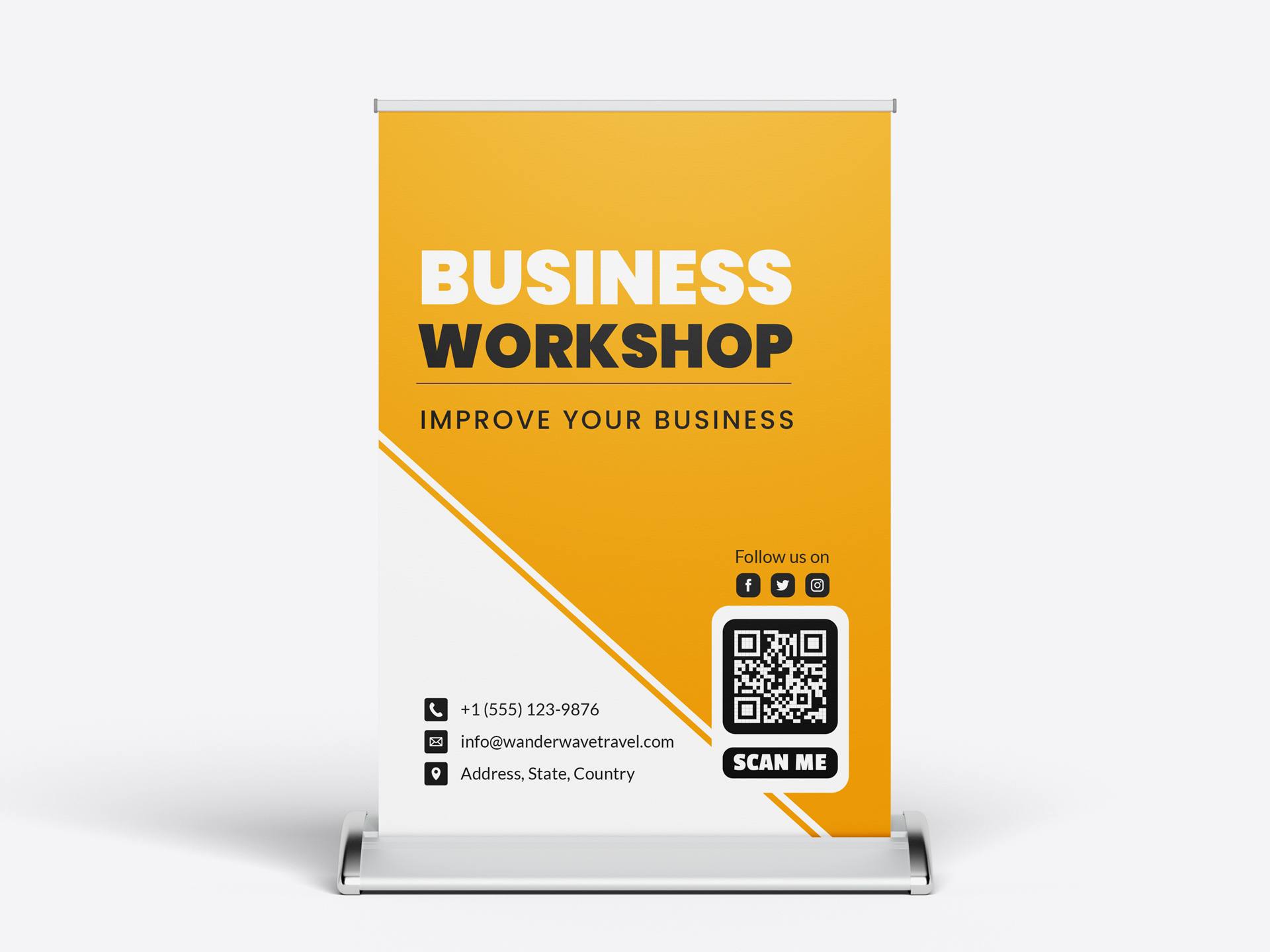Minimalistic trade show table top retractable banner with contact information.