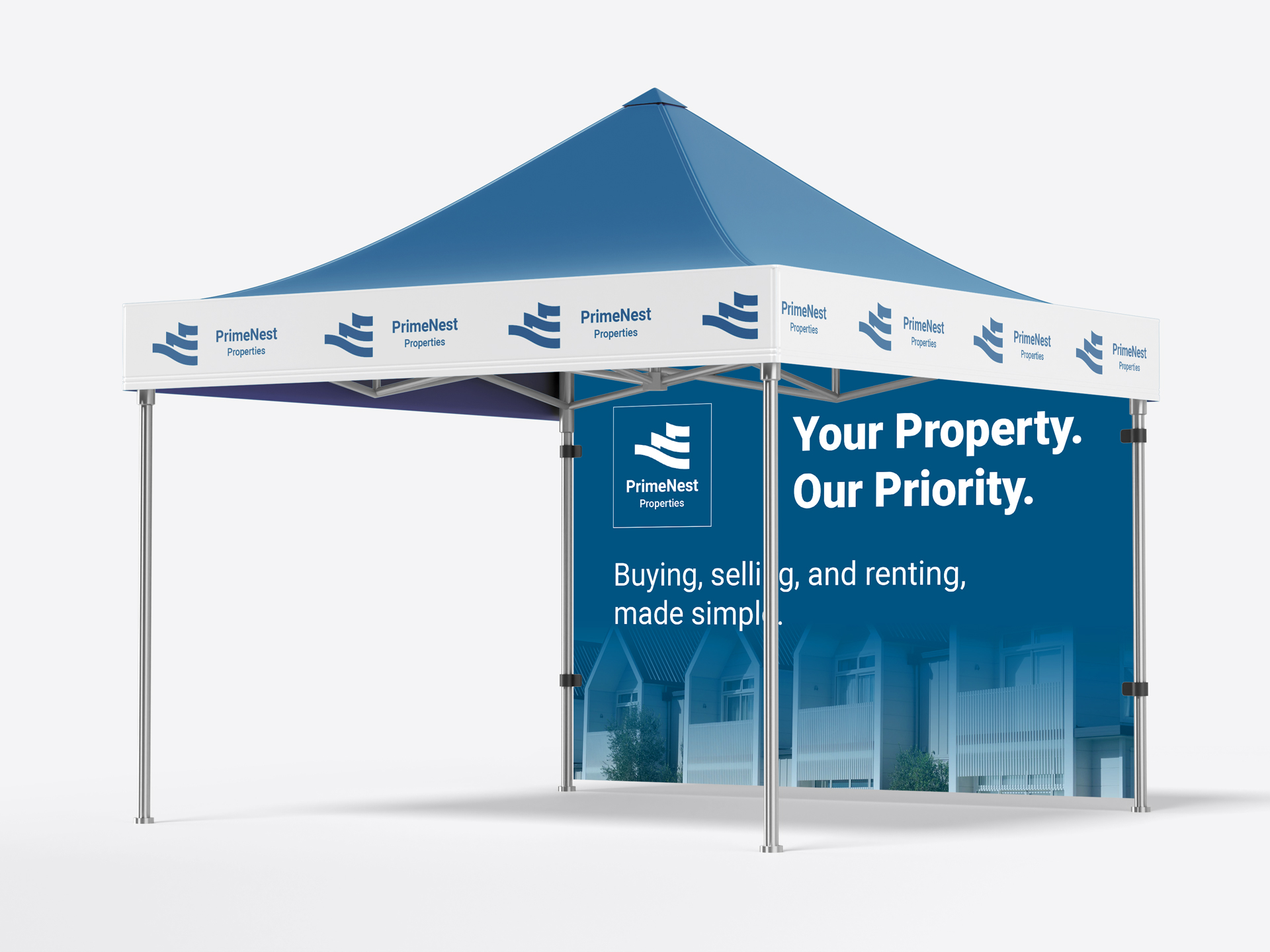 Branded canopy tent with a company slogan