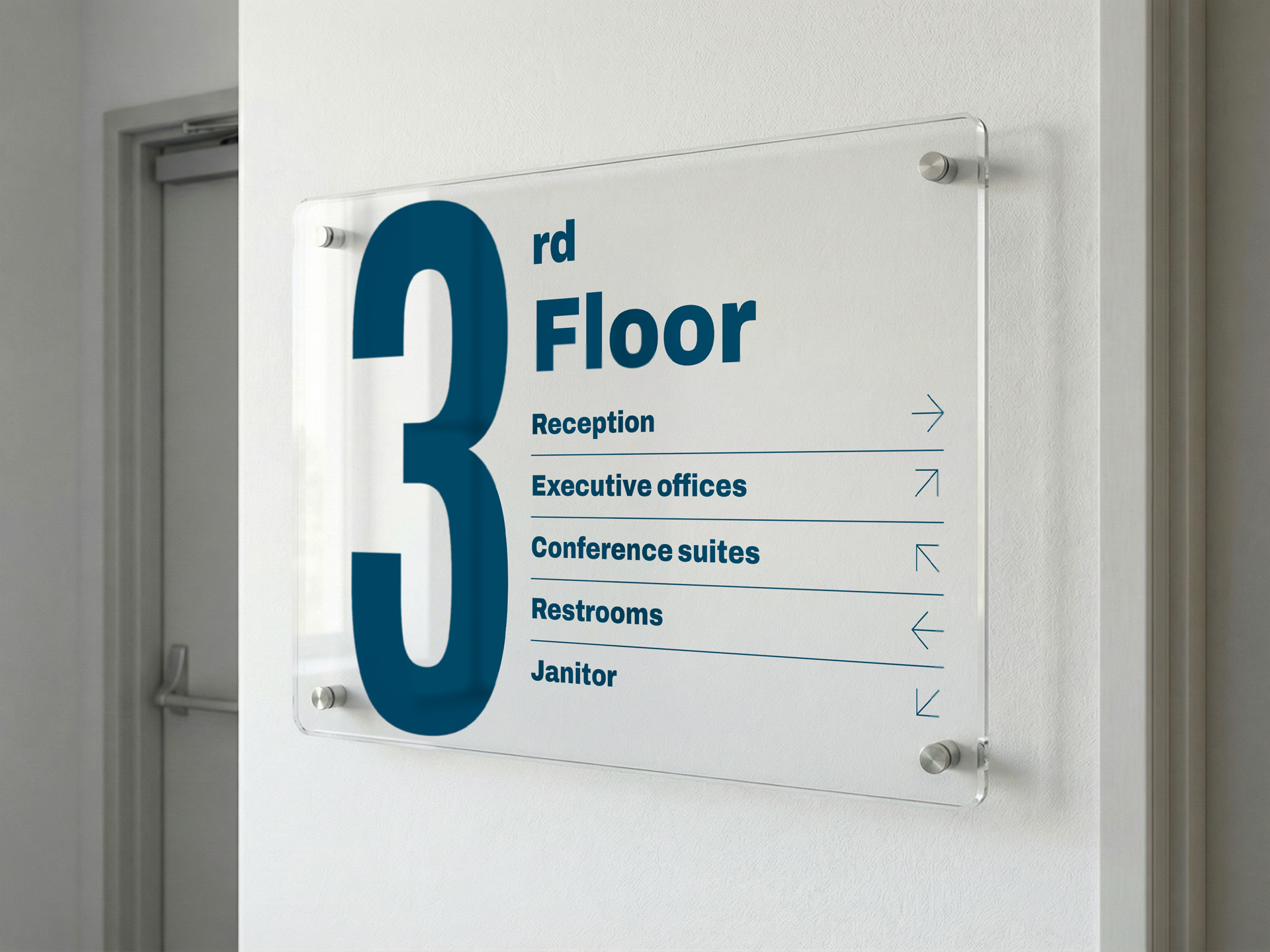 acrylic office wayfinding signage listing rooms and directions