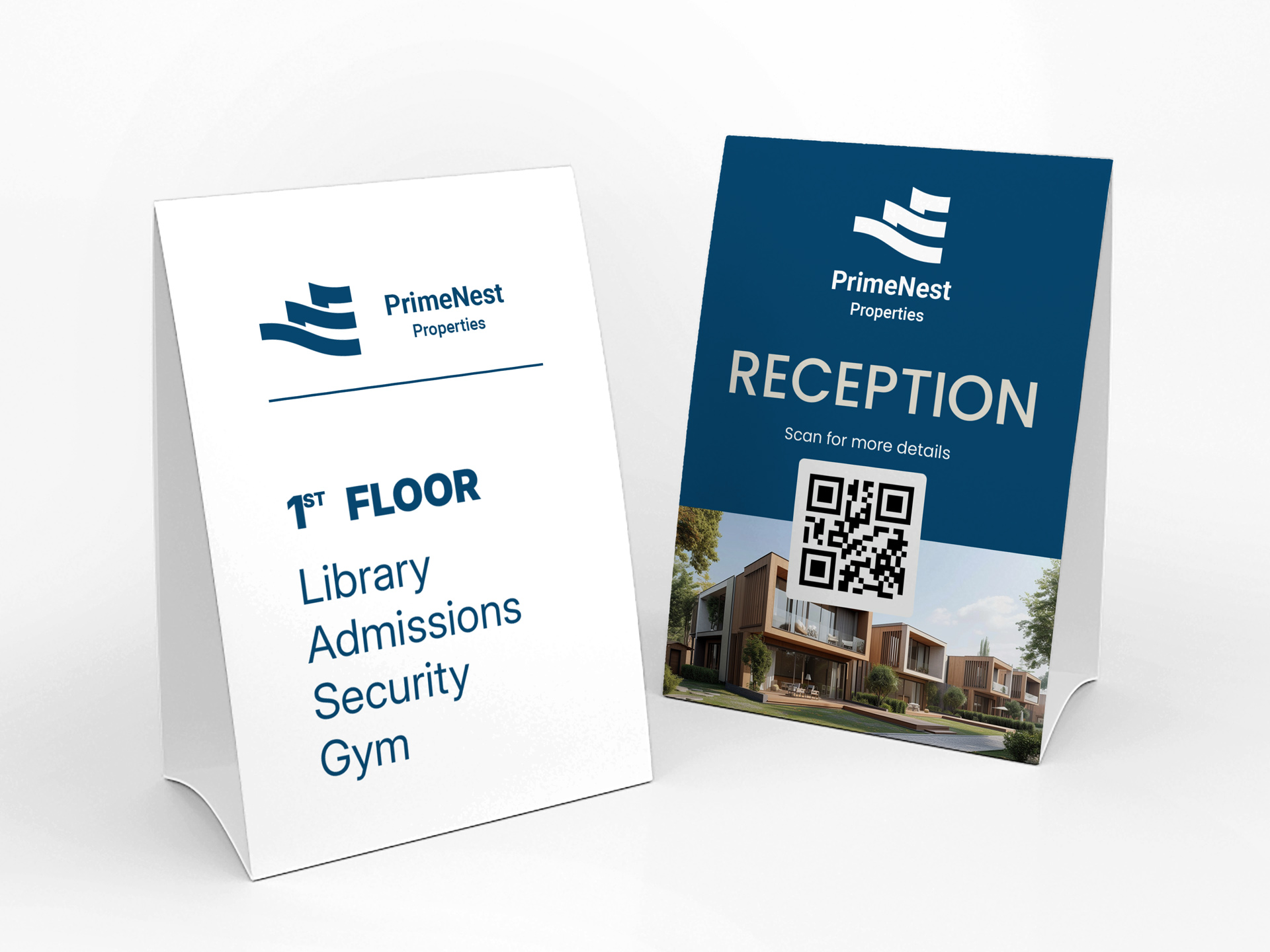 Two table tents showing reception info and floor directory