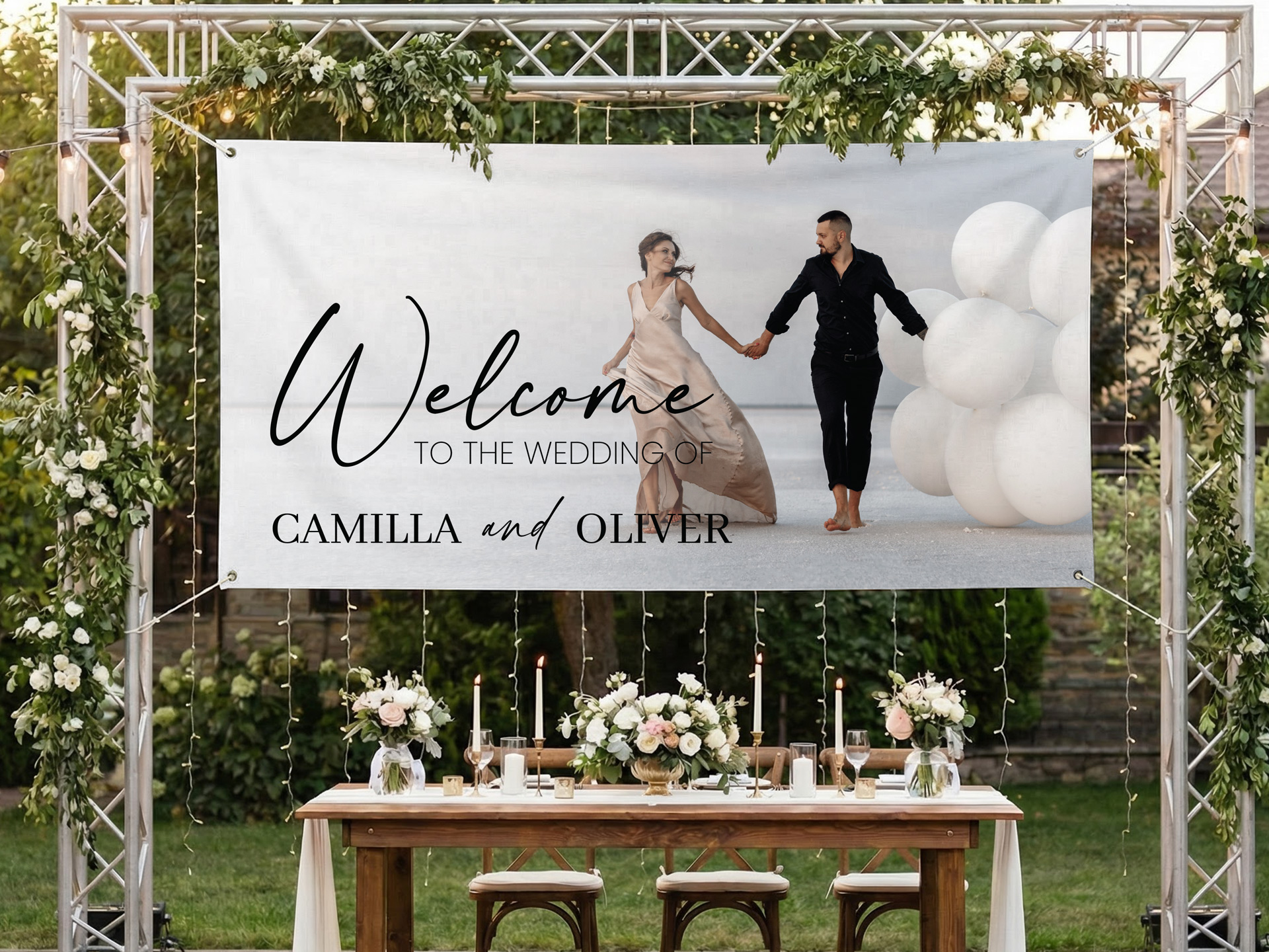 Large vinyl wedding banner with couple photo