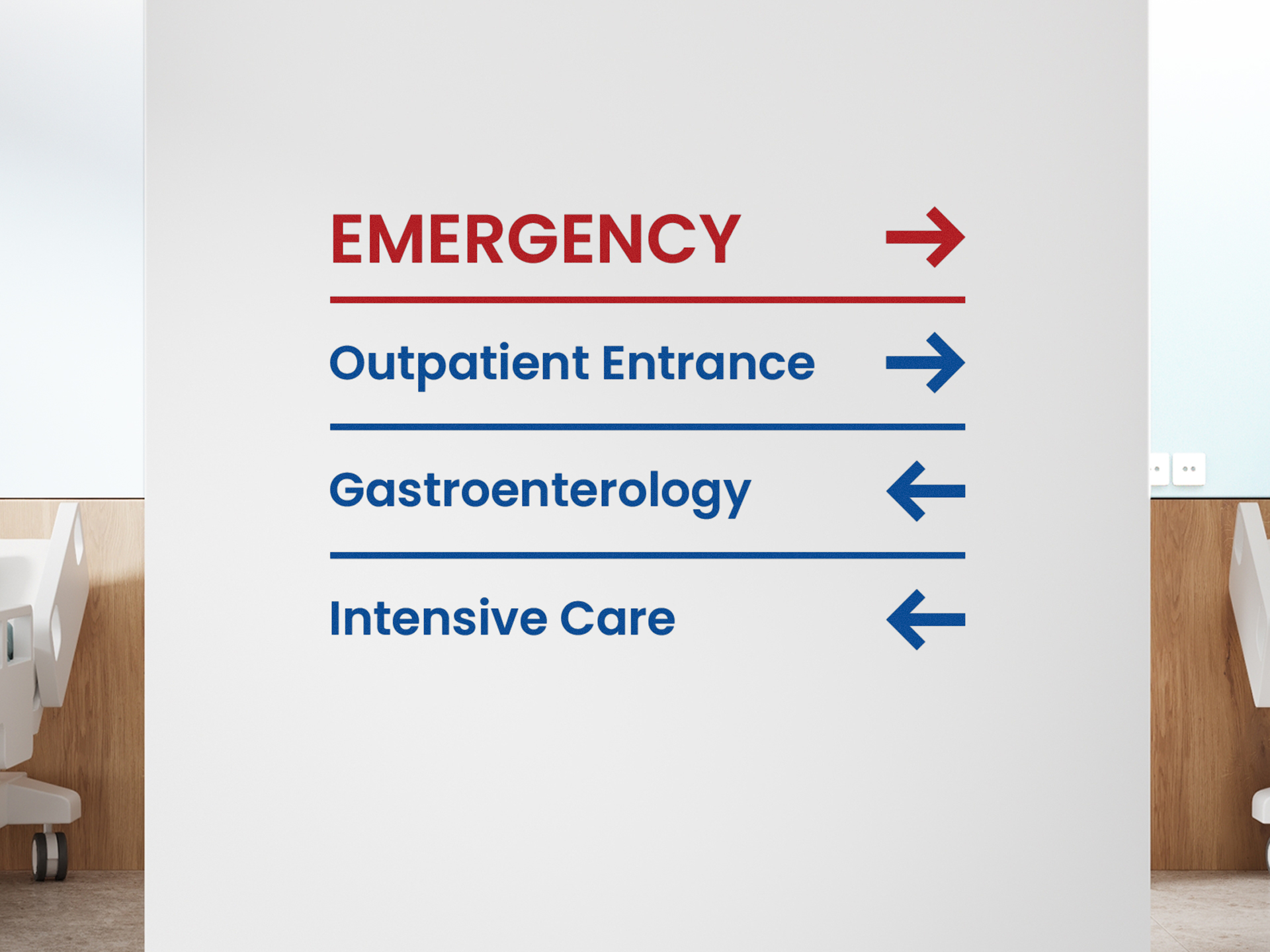Hospital wall vinyl letters featuring wayfinding information.