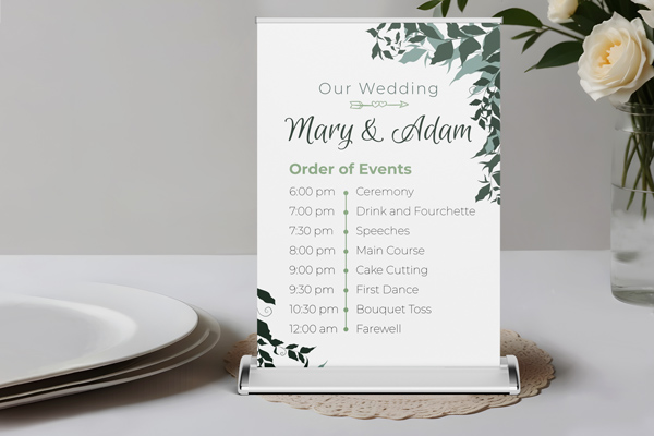 Elegant tabletop retractable banner welcoming guests to a wedding ceremony.