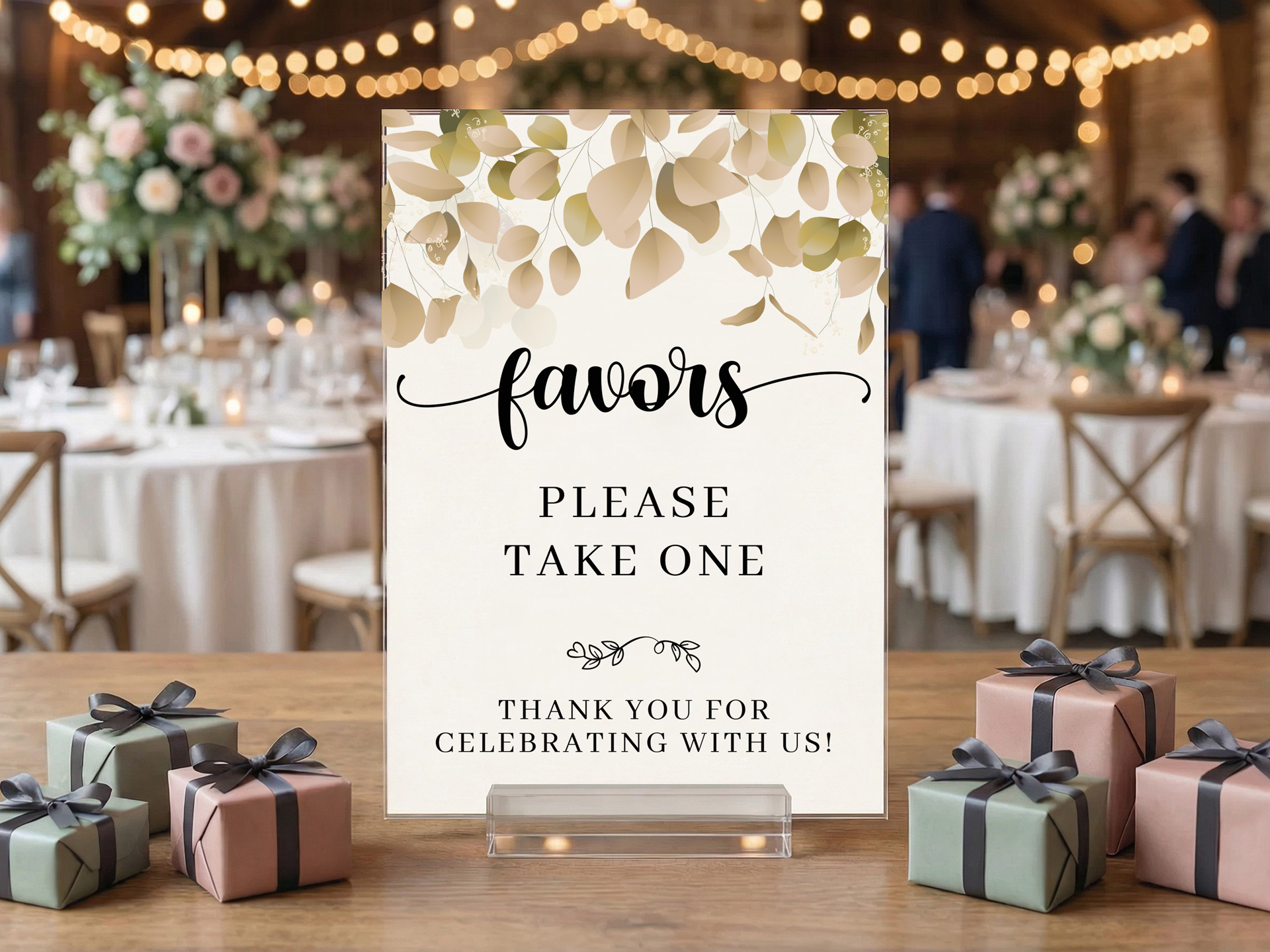 Wedding favor table sign surrounded by gift boxes