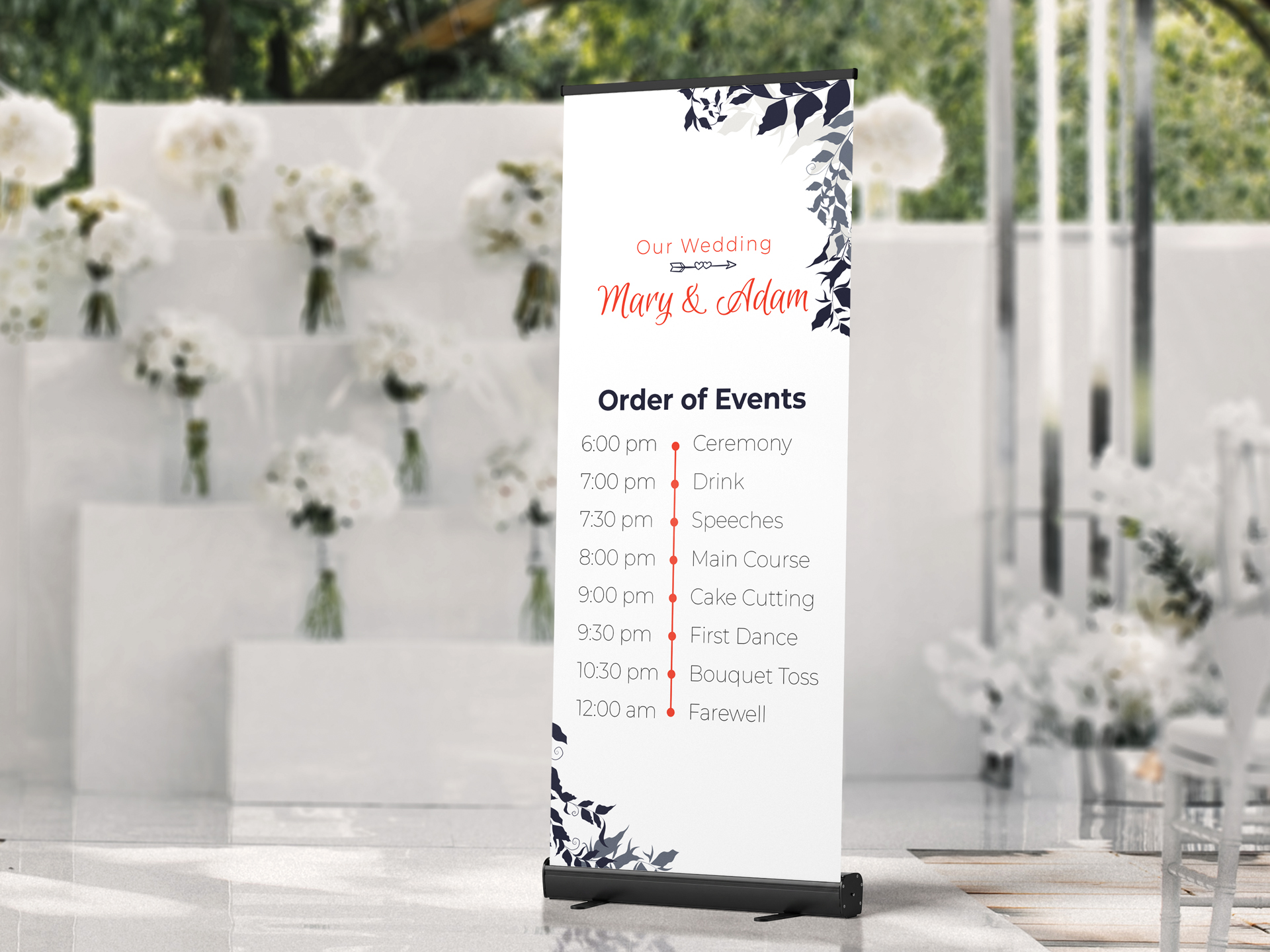 Personalized wedding retractable banner featuring the order of events.