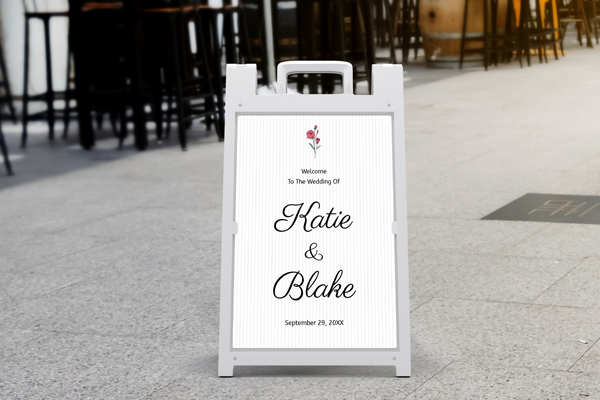 Wedding sandwich board announcing the special ceremony of Katie and Blake.