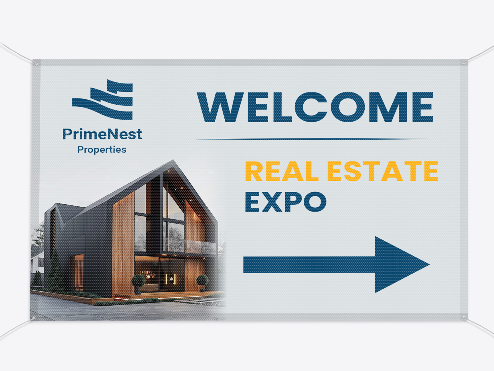 Welcome Real Estate Expo mesh banner with branded elements.