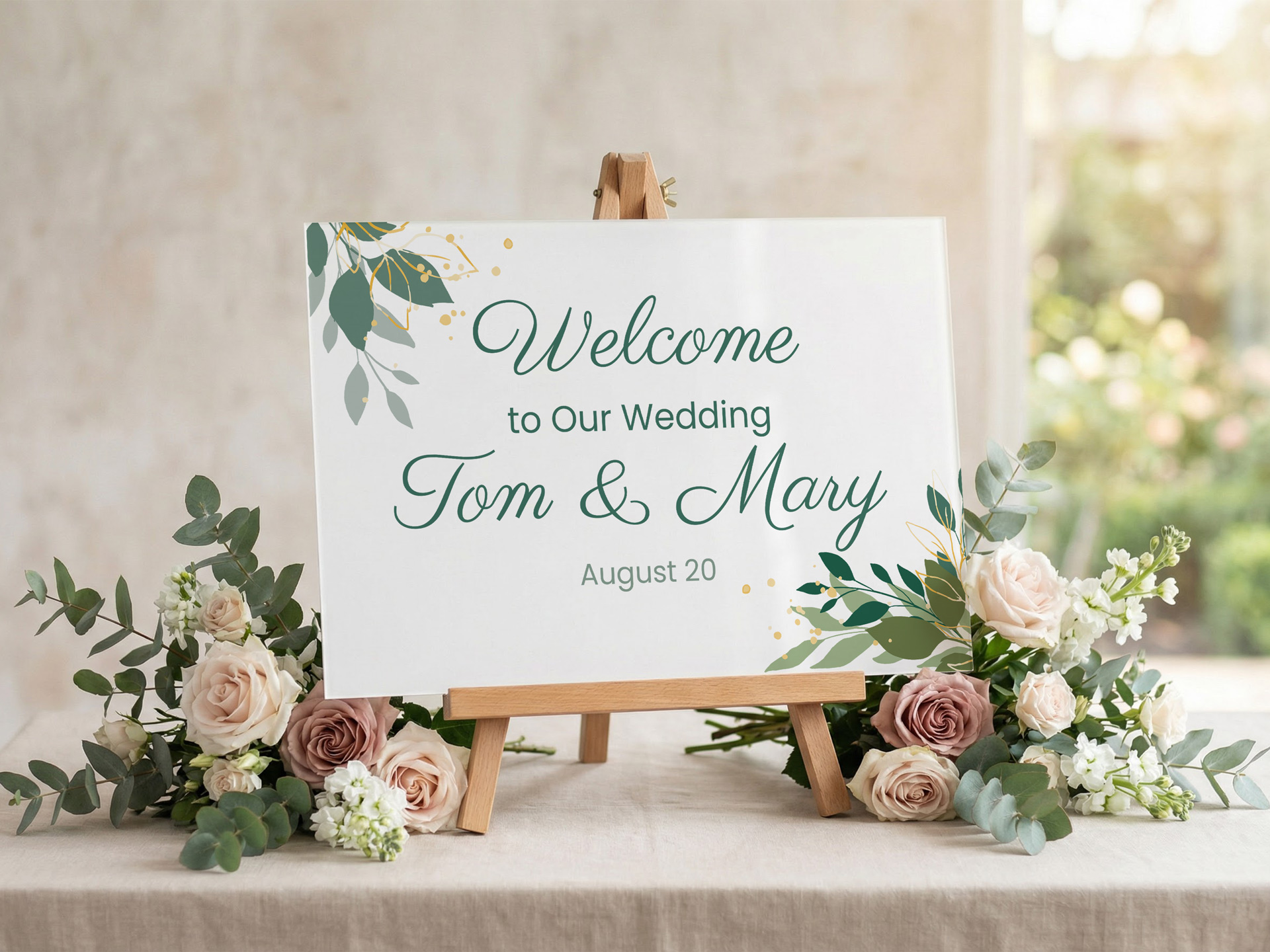 White wedding display with green botanicals