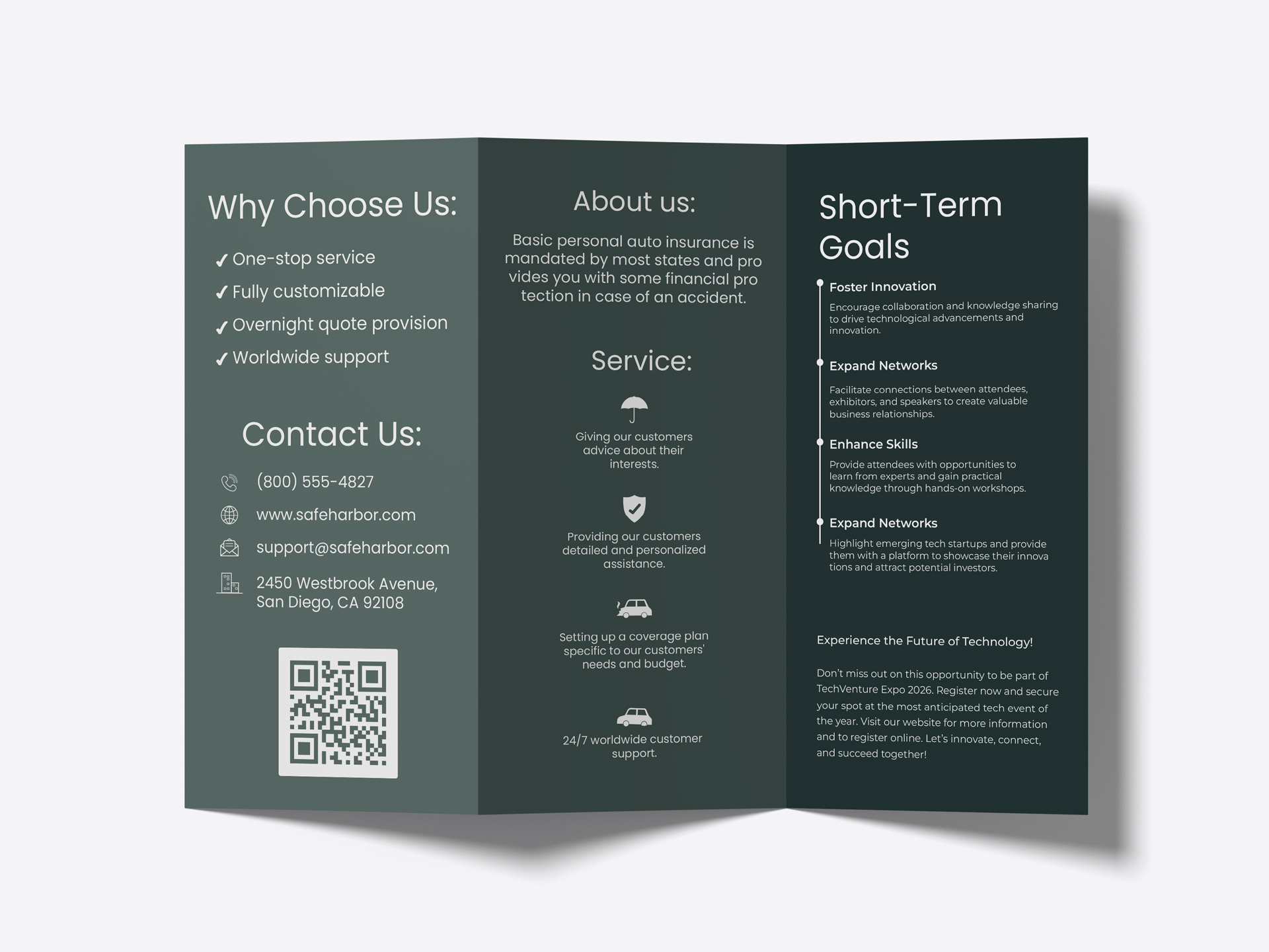 Dark green trifold brochure for a business with services and contact info