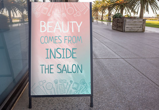 Beauty Comes From Inside The Salon sidewalk sign witty-salon-sidewalk-sign-idea