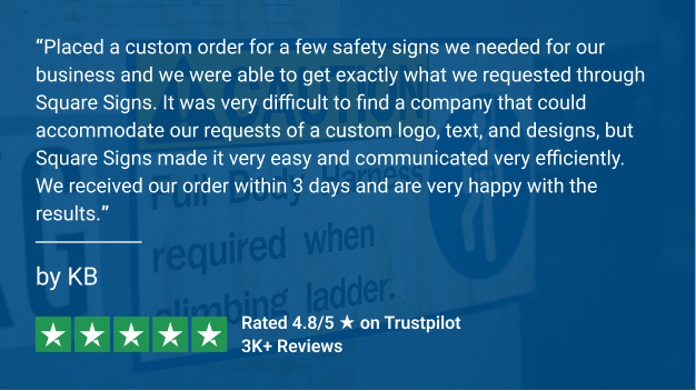5-star customer review praising custom safety sign service.
