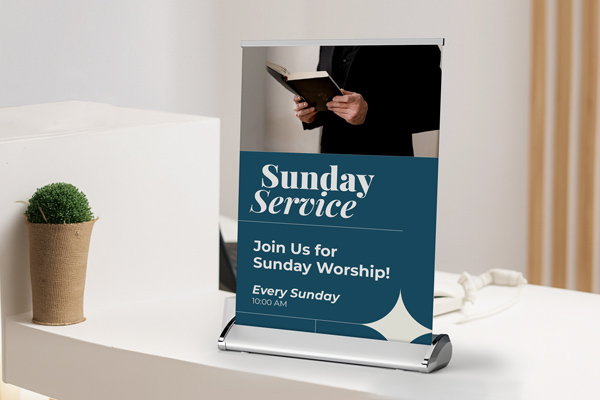 Tabletop retractable banner sharing event information on a table at a worship center.