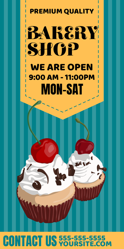 Cupcakes on Striped Teal Background Business Hours Template