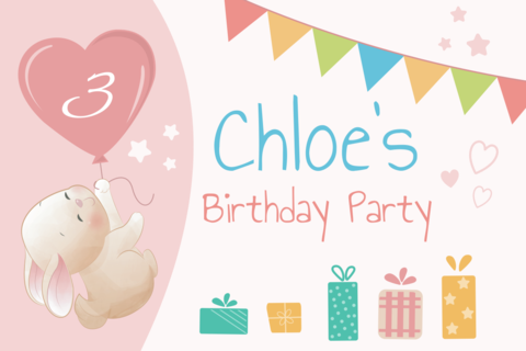 Happy Bunny Holding a Pink Balloon Birthday Sign Template